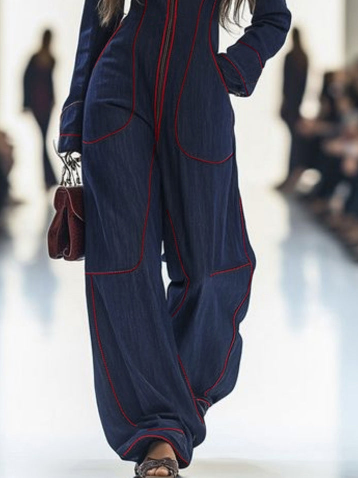 Wide-leg long-sleeve zip stand-collar jumpsuit for women - 3