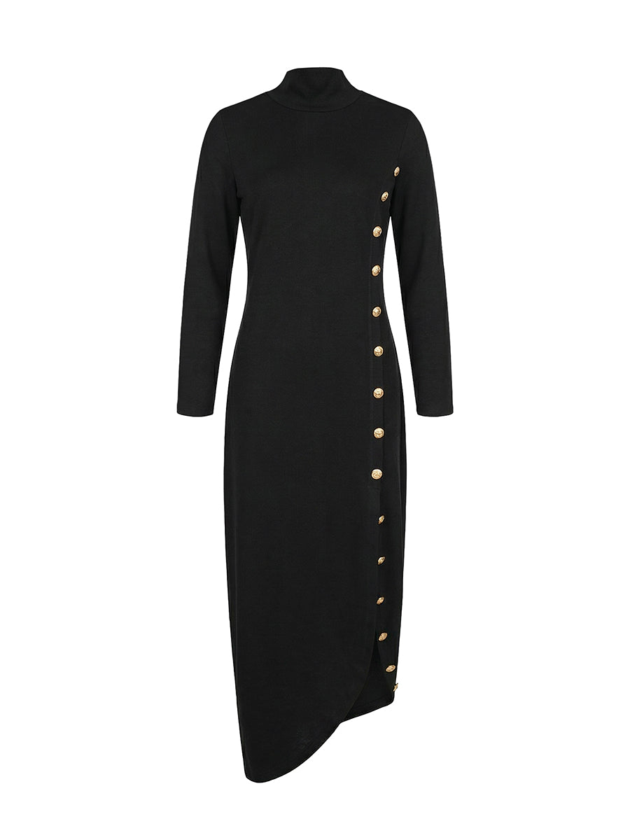 Long-sleeve loose asymmetric split-side mock-neck maxi dress for women - 6