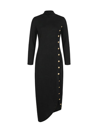 Long-sleeve loose asymmetric split-side mock-neck maxi dress for women - 6