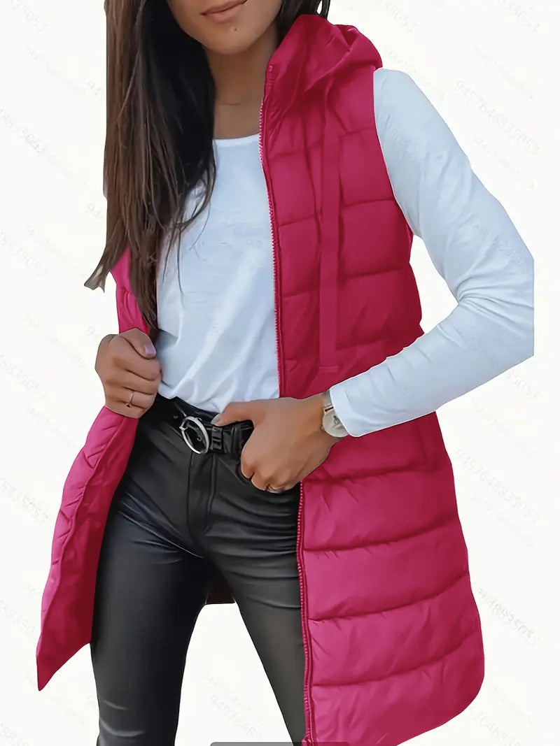 Casual Sleeveless Hooded Long Puffer Vest Stylish For Women | Elowise