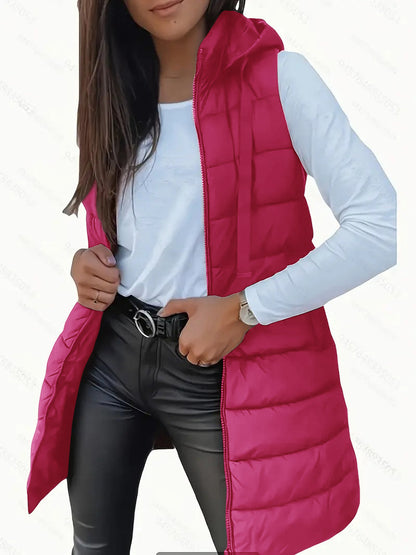 Casual Sleeveless Hooded Long Puffer Vest Stylish For Women | Elowise