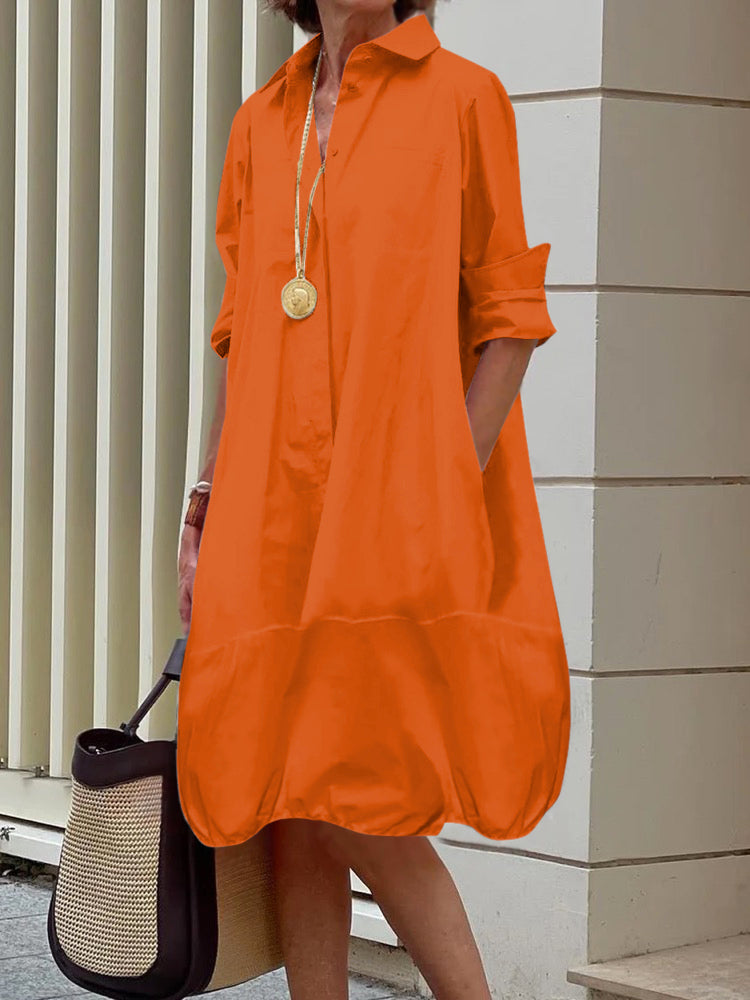 Long-sleeve loose solid lapel collar midi shirt dress for women - 7