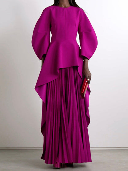 Long-sleeve loose tiered pleated round-neck maxi dress for women - 4