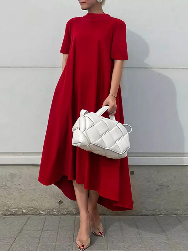 Short-sleeve solid high-low maxi dress for women - 1
