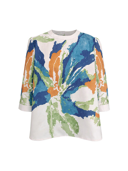 Half-sleeve contrast flower print round-neck top for women - 5