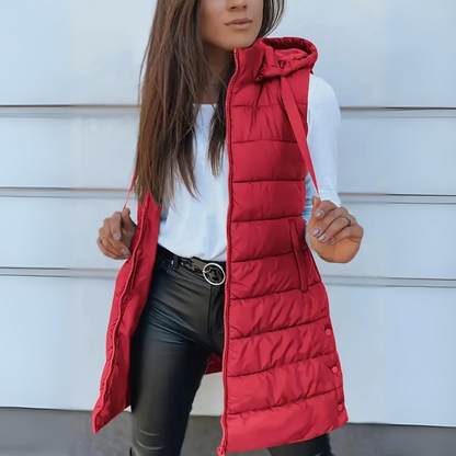 Casual Sleeveless Hooded Long Puffer Vest Stylish For Women | Elowise