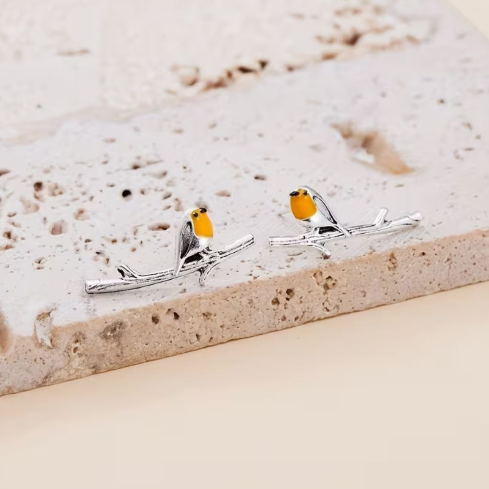 Elegant robin bird stud earrings for women -3