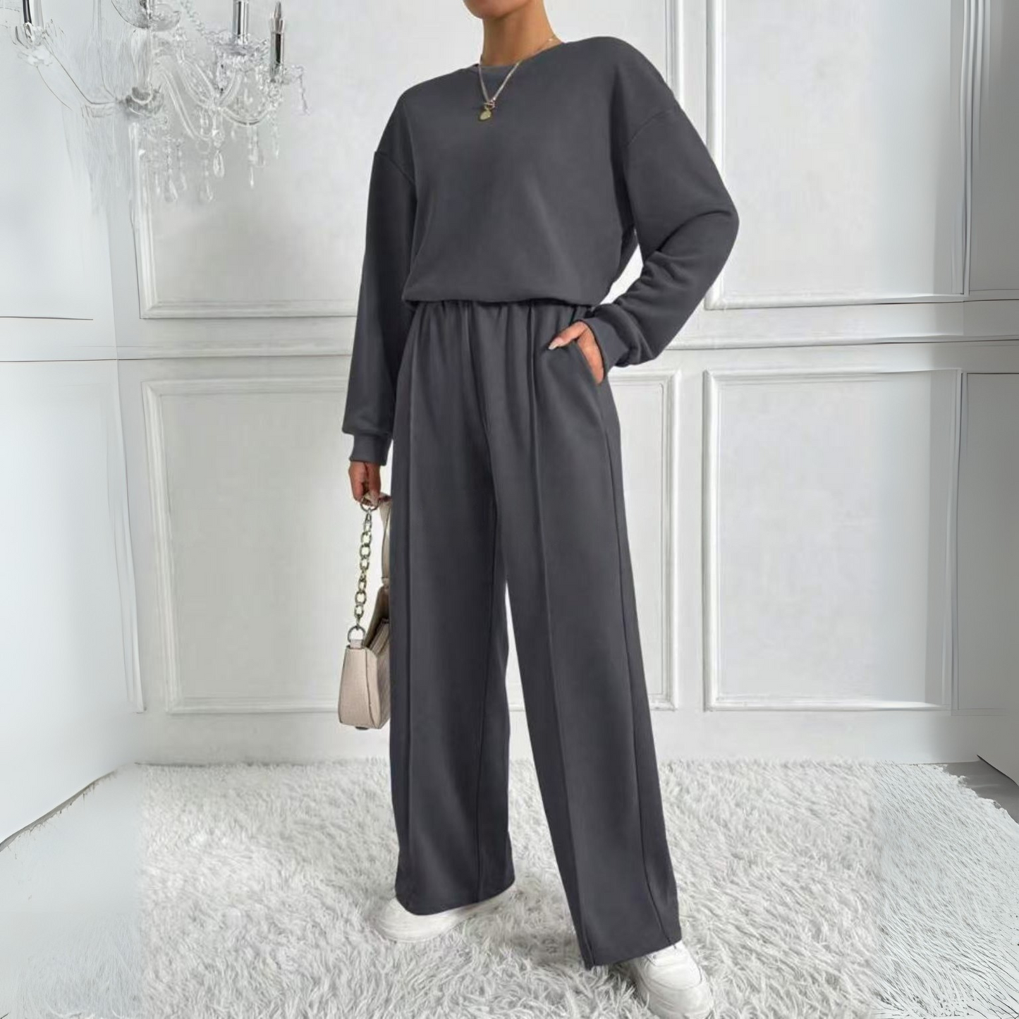 Casual Long Sleeve Sweatshirt And High Waist Trousers Set Trendy For Women | Veloura