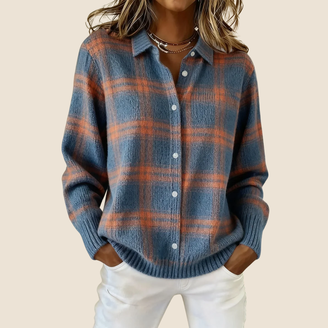 Retro Check Button Sweater Cozy For Women | Elodie