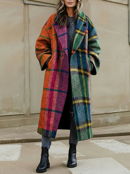 Three-quarter sleeve contrast plaid wool blend coat for women - 3