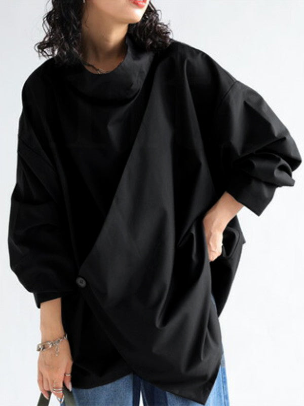 Long-sleeve loose solid high-neck everyday top for women - 4