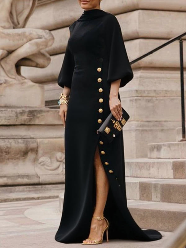 Loose puff-sleeve buttoned mock-neck maxi dress for women - 1
