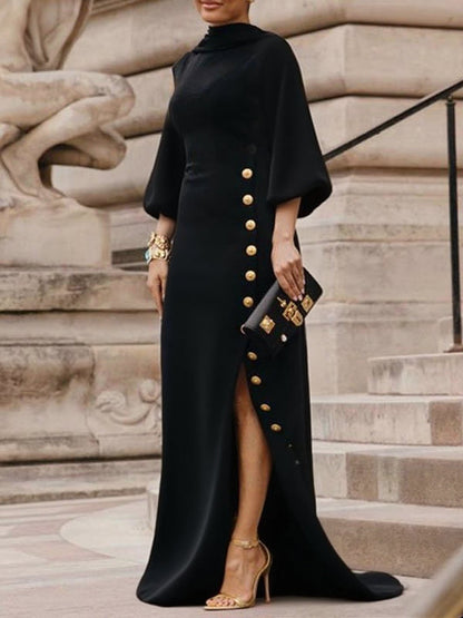 Loose puff-sleeve buttoned mock-neck maxi dress for women - 1