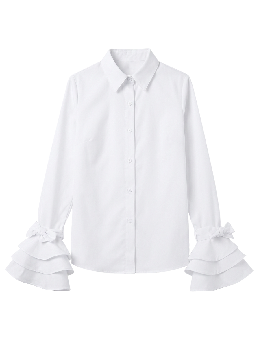 Flared-sleeve bow-embellished falbala lapel blouse for women - 7