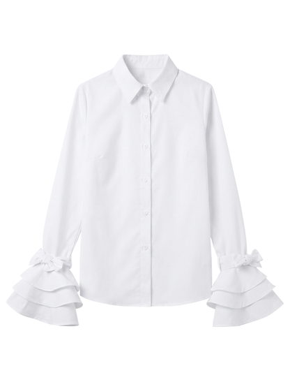 Flared-sleeve bow-embellished falbala lapel blouse for women - 7