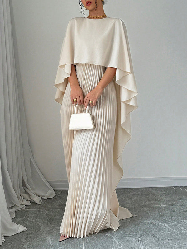 Cape high-low pleated round-neck evening maxi dress for women - 7