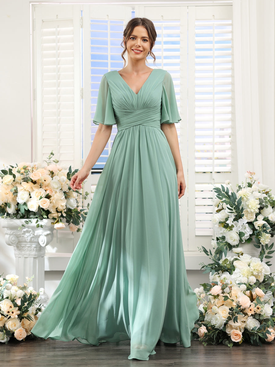 Elegant A-line V-neck chiffon dress with pockets for women | Elise -1