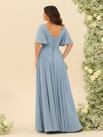 Elegant A-line V-neck chiffon dress with pockets for women | Elise -2