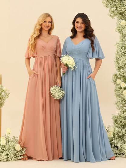 Elegant A-line V-neck chiffon dress with pockets for women | Elise -3