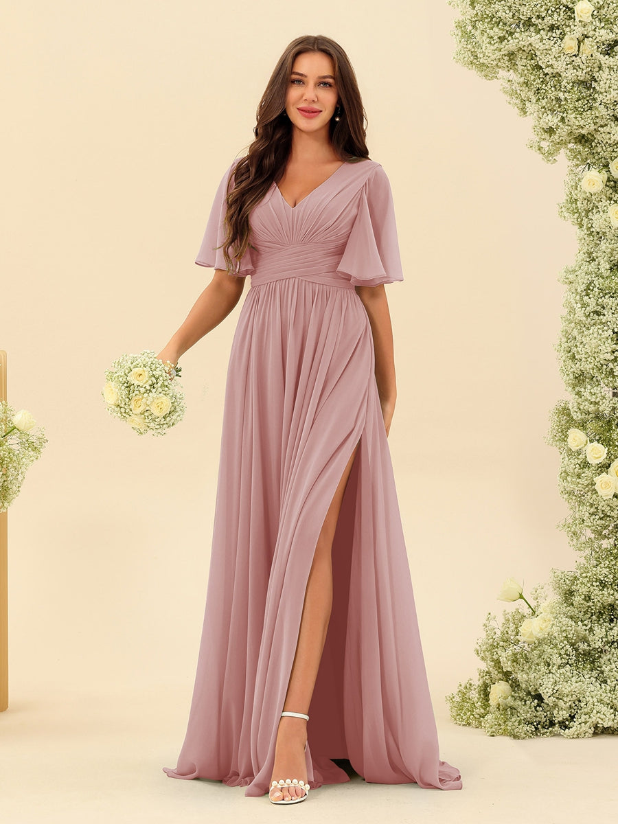 Elegant A-line V-neck chiffon dress with pockets for women | Elise -8