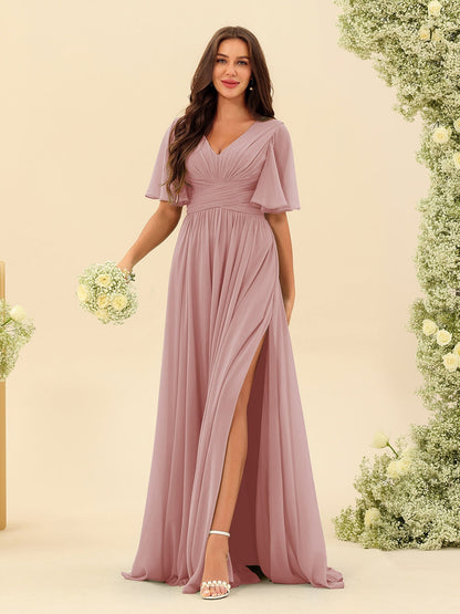 Elegant A-line V-neck chiffon dress with pockets for women | Elise -8