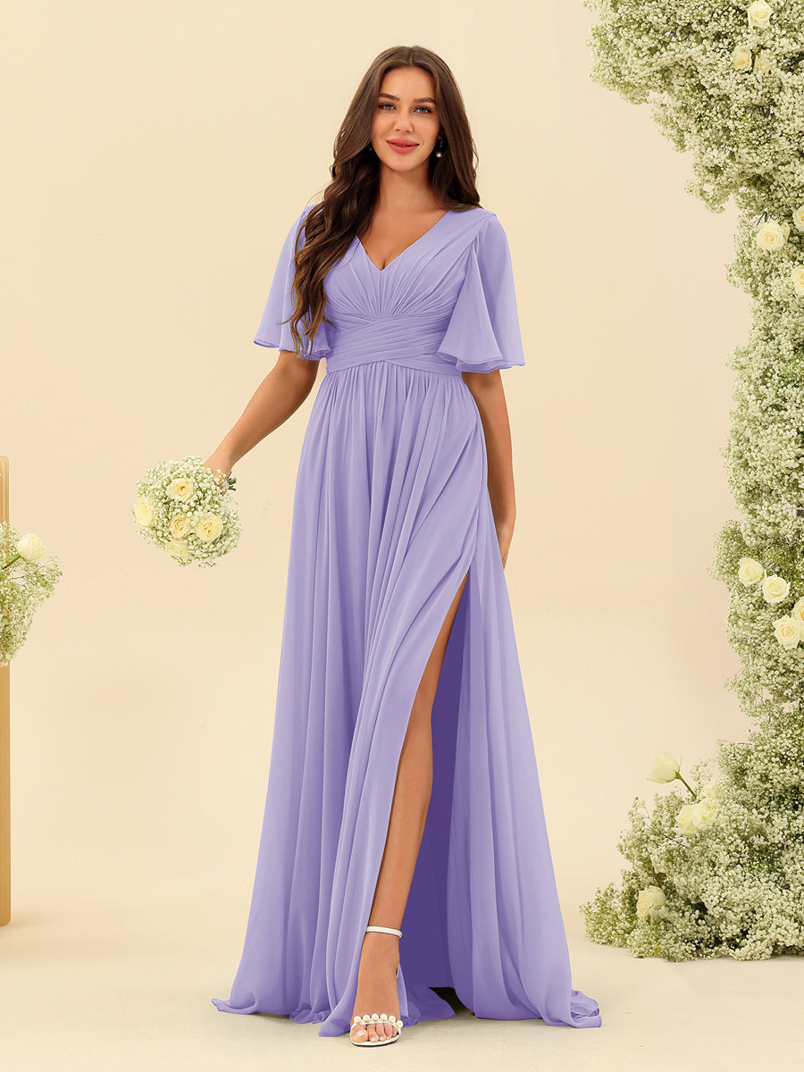 Elegant A-line V-neck chiffon dress with pockets for women | Elise -9