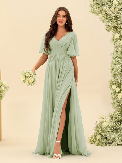 Elegant A-line V-neck chiffon dress with pockets for women | Elise -7
