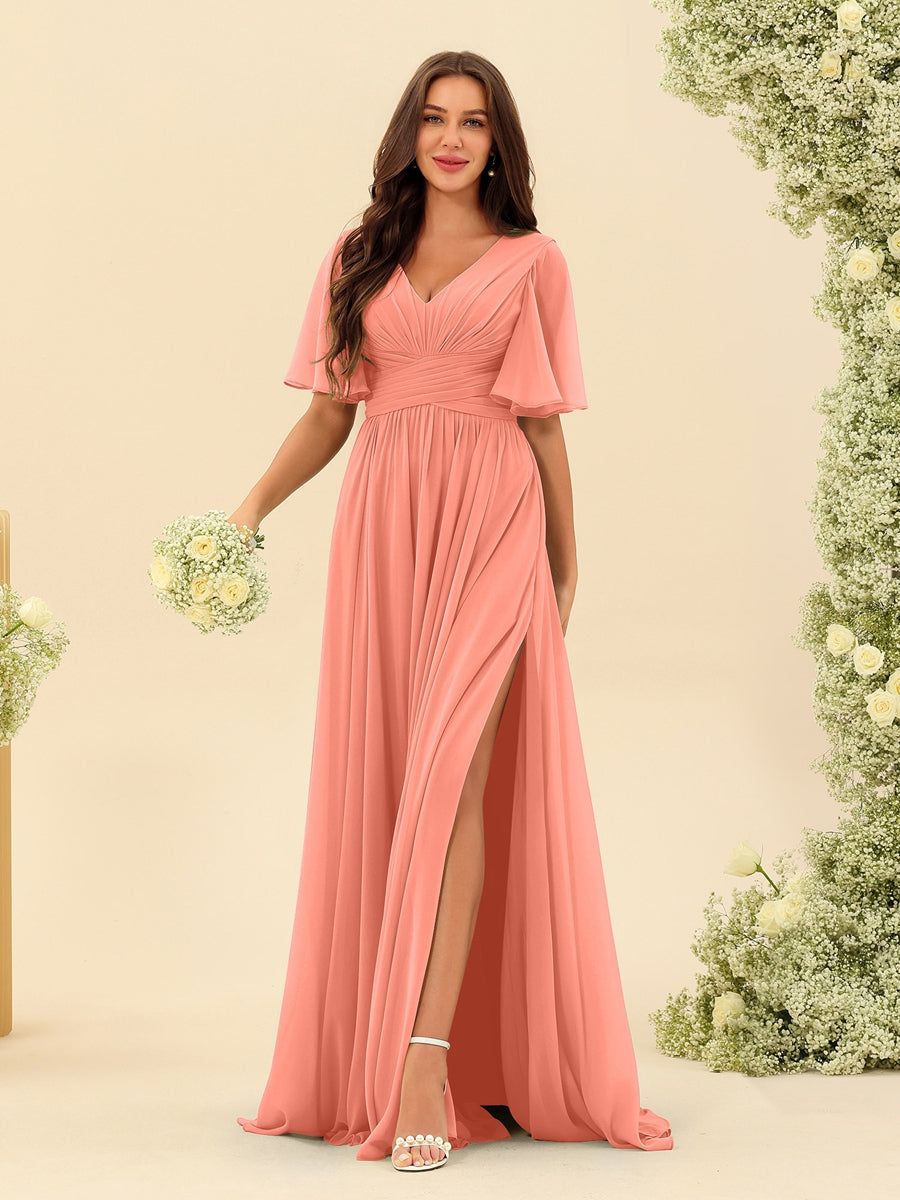 Elegant A-line V-neck chiffon dress with pockets for women | Elise -10