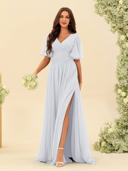 Elegant A-line V-neck chiffon dress with pockets for women | Elise -11