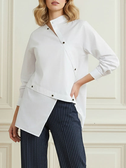 Long-sleeve asymmetric buttoned split-front blouse for women - 3
