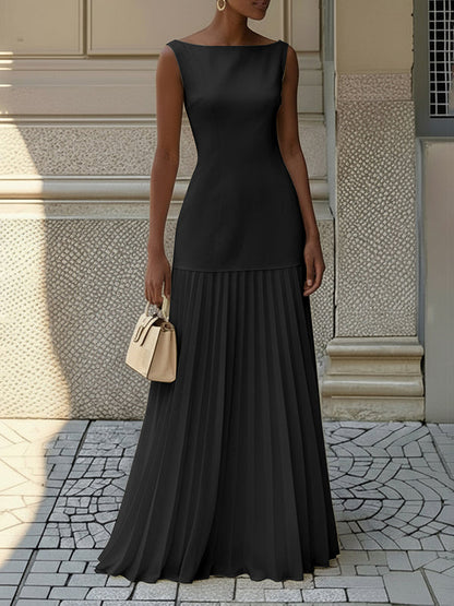 Sleeveless gauze pleated boat-neck evening maxi dress for women - 5