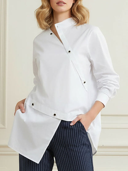 Long-sleeve asymmetric buttoned split-front blouse for women - 2