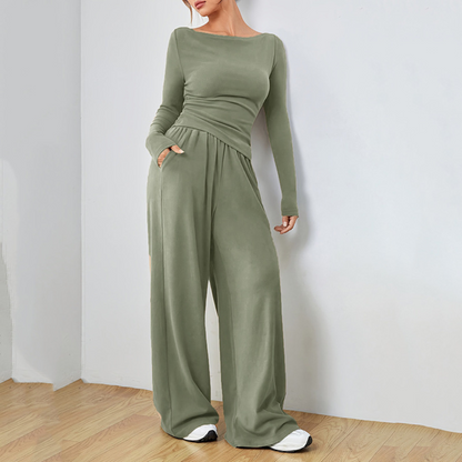 Long Sleeve Top And Wide Leg Trousers Set Stylish For Women | Selene