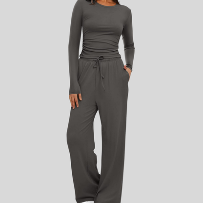 Casual Long Sleeve Top And Wide Leg Trousers Set Stylish For Women | Virella