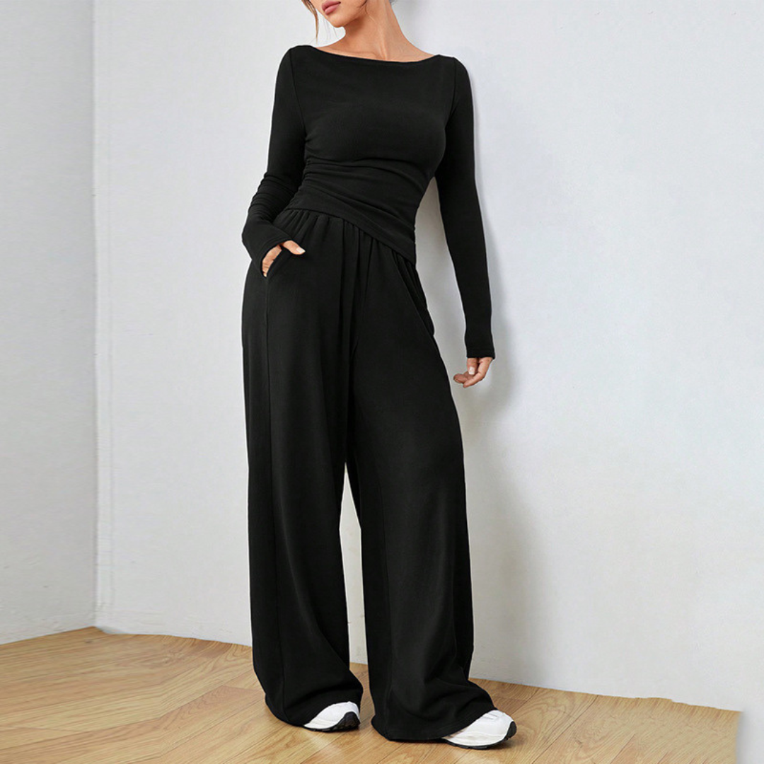 Long Sleeve Top And Wide Leg Trousers Set Stylish For Women | Selene