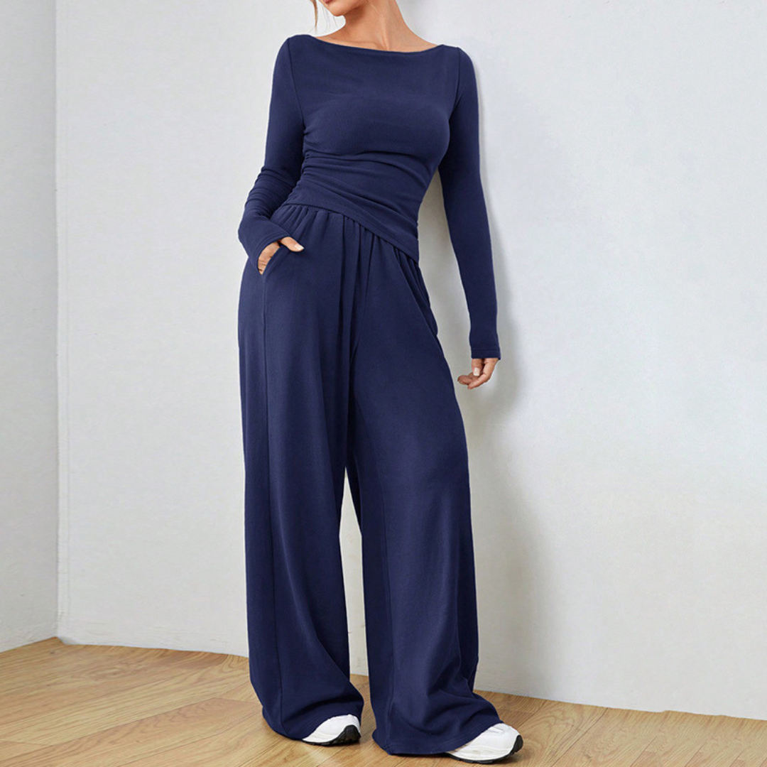 Long Sleeve Top And Wide Leg Trousers Set Stylish For Women | Selene