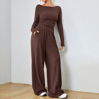 Long Sleeve Top And Wide Leg Trousers Set Stylish For Women | Selene