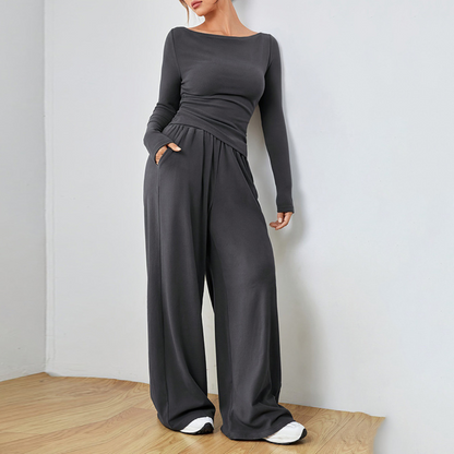 Long Sleeve Top And Wide Leg Trousers Set Stylish For Women | Selene