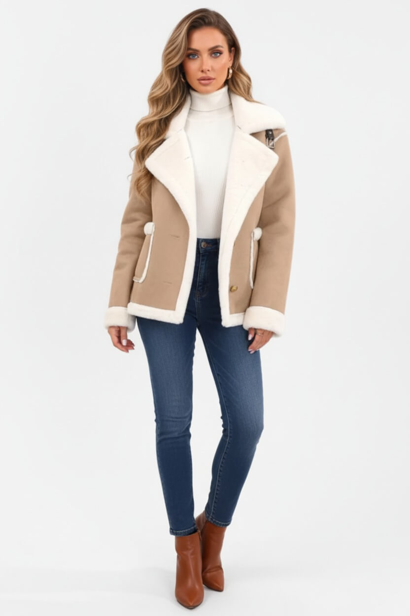 Lapel Trim Shearling Style Jacket Stylish For Women | Maelis