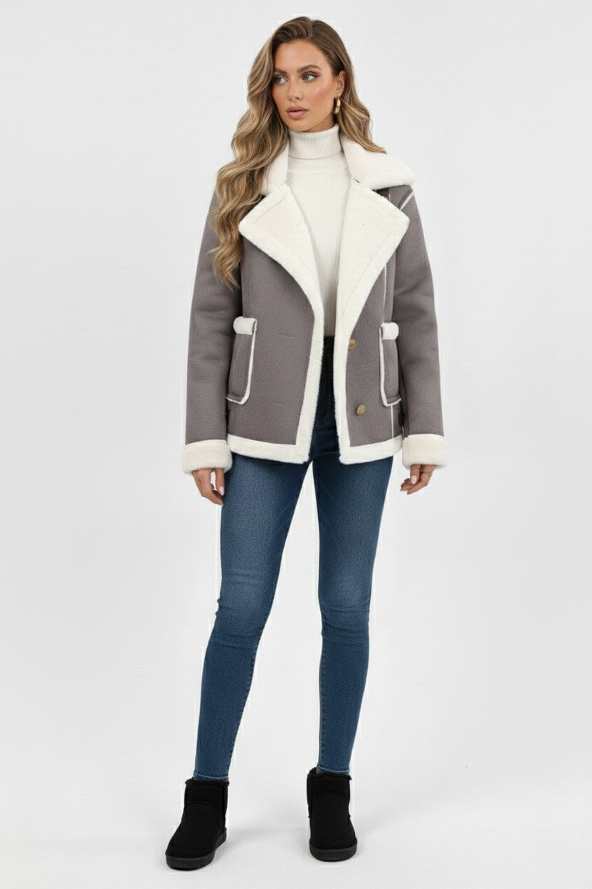 Lapel Trim Shearling Style Jacket Stylish For Women | Maelis