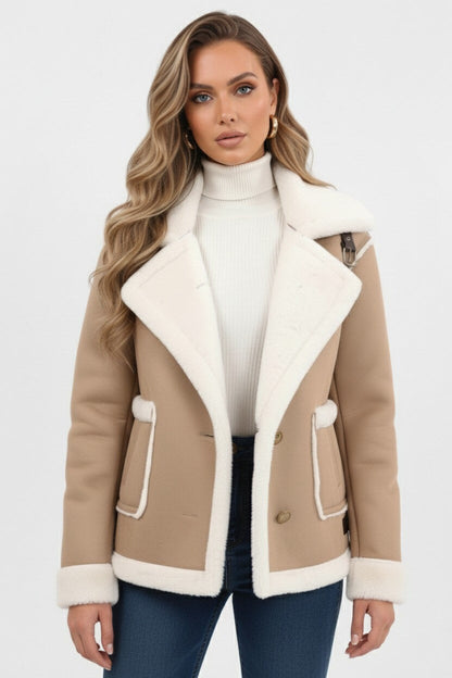 Lapel Trim Shearling Style Jacket Stylish For Women | Maelis