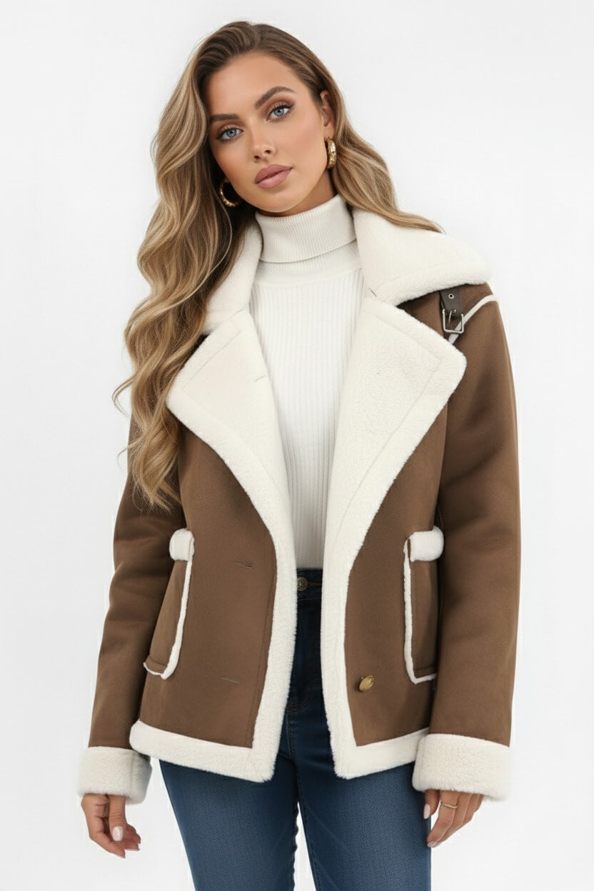 Lapel Trim Shearling Style Jacket Stylish For Women | Maelis