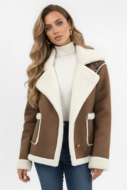 Lapel Trim Shearling Style Jacket Stylish For Women | Maelis