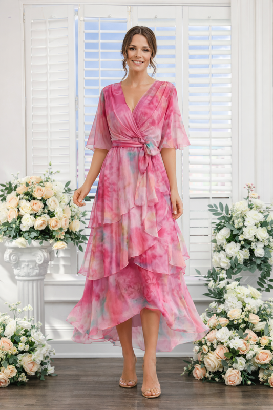 Elegant floral layered warm-weather occasion dress for women | Marija
