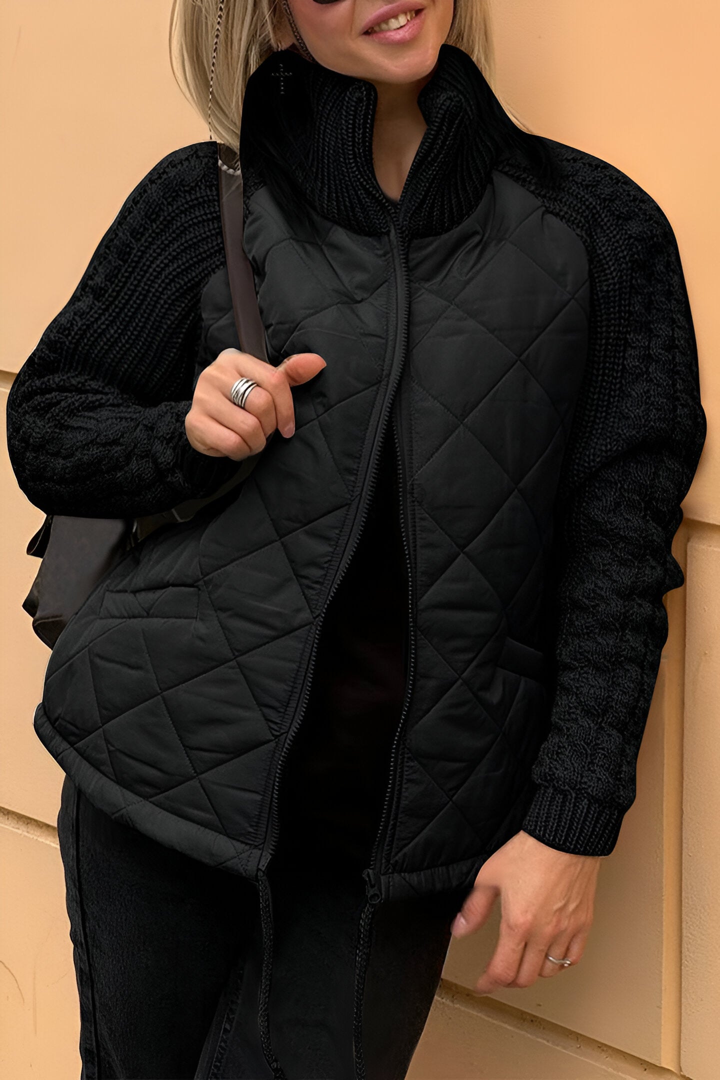 Cosy knitted patchwork zip casual jacket for women | Aniya -4
