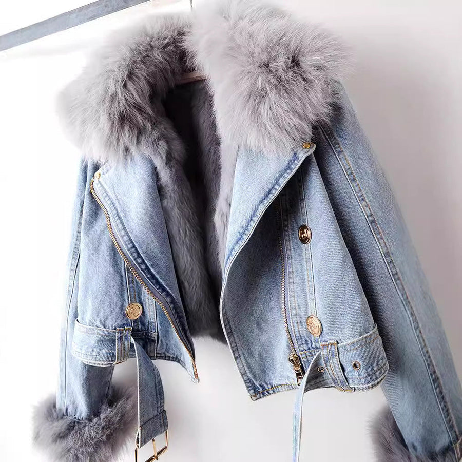 Chic faux fur trim elegant denim jacket for women | Phylicia -4