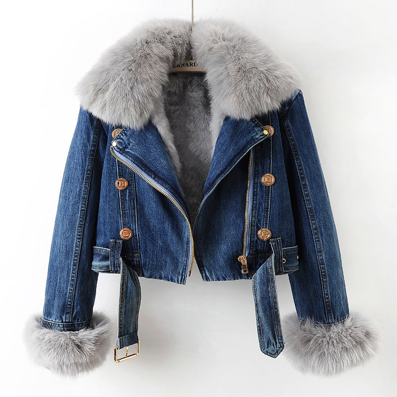 Chic faux fur trim elegant denim jacket for women | Phylicia -1