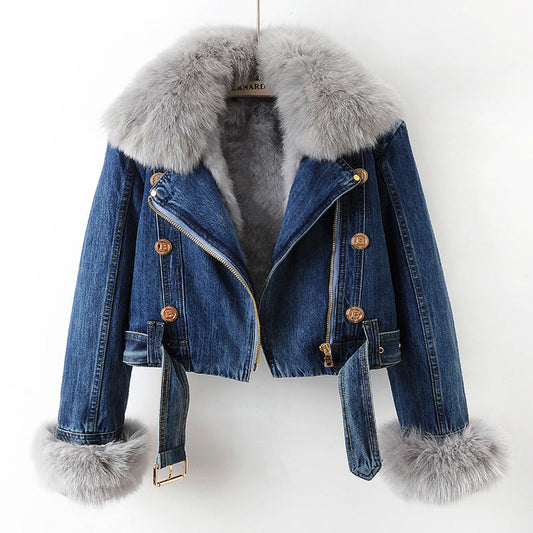 Chic faux fur trim elegant denim jacket for women | Phylicia -1