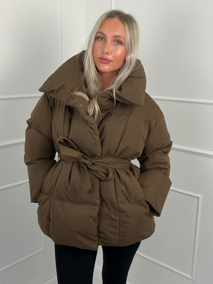 Warm short belted puffer jacket for women | KARLY - 4