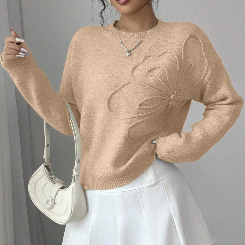 Floral Embossed Crew Neck Sweater Cozy For Women | Mirevella